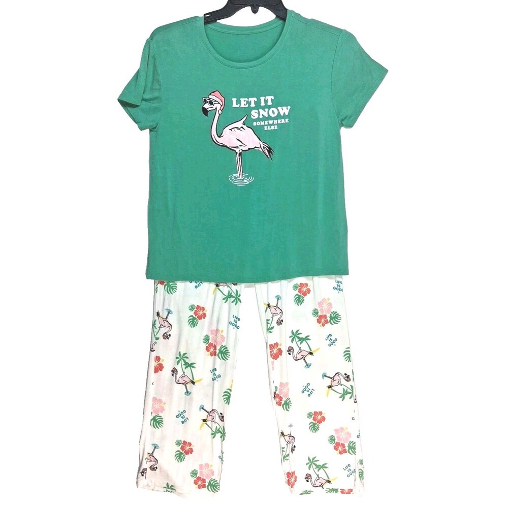 Life Is Good Women M Pajama Summer Green 2pc Set Relax Comfy Hygge